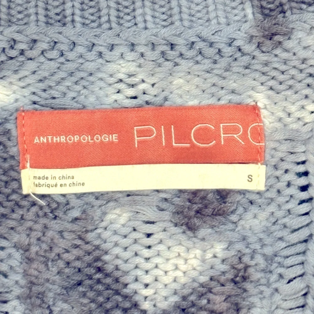 Pilcro Joni Tie-Dye Cable Knit V-Neck Sweater Side Slits Dark Navy White Size S